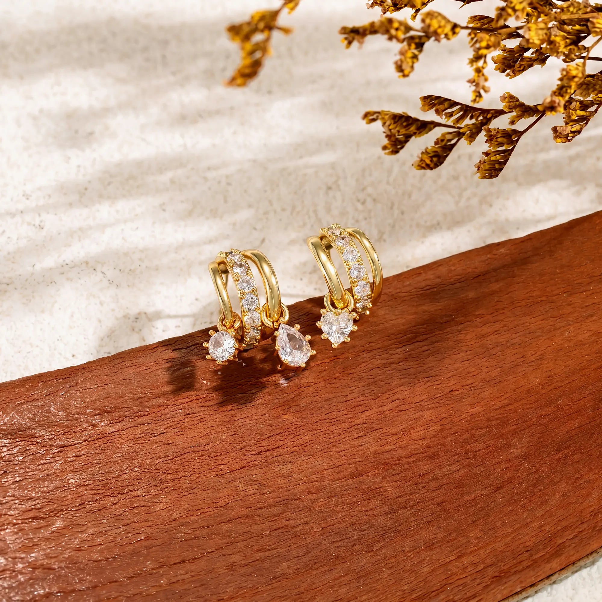 Gold Three-Tier Clip Earrings with Zircon