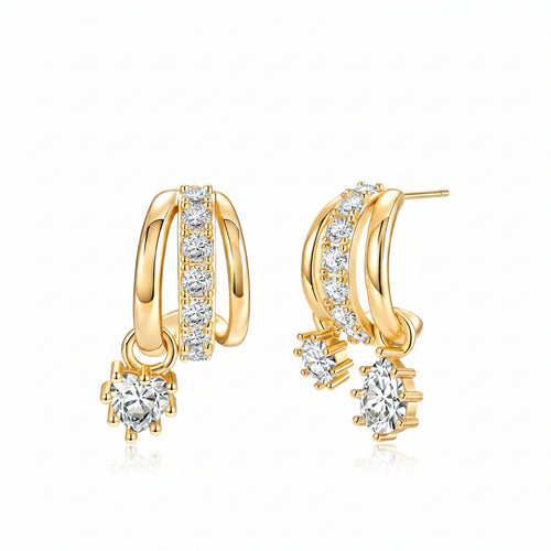 Gold Three-Tier Clip Earrings with Zircon