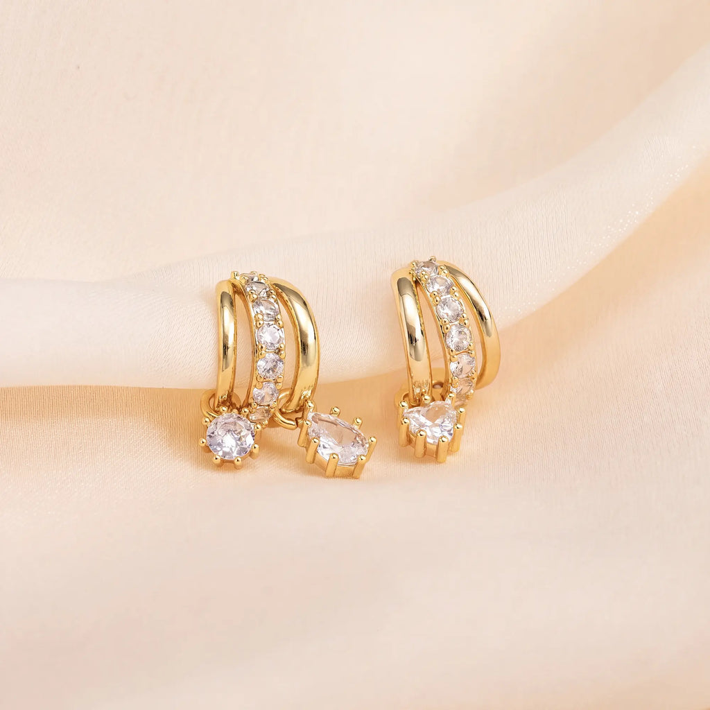 Gold Three-Tier Clip Earrings with Zircon