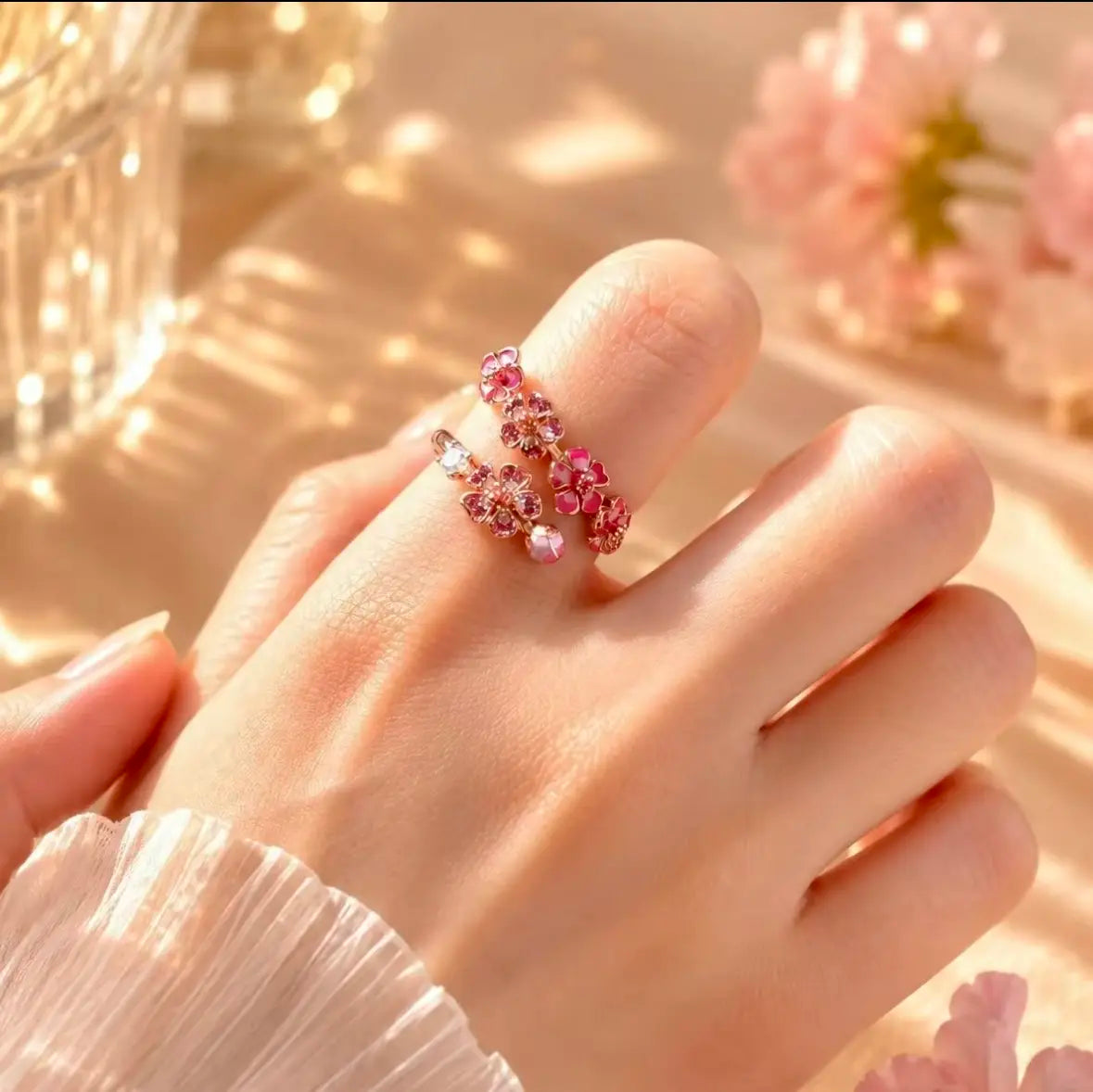 Peach Blossom Ring for Women,Adjustable Pink Flower Ring,Dainty Floral Jewelry Gift for Her,Girlfriend Wife Daughter