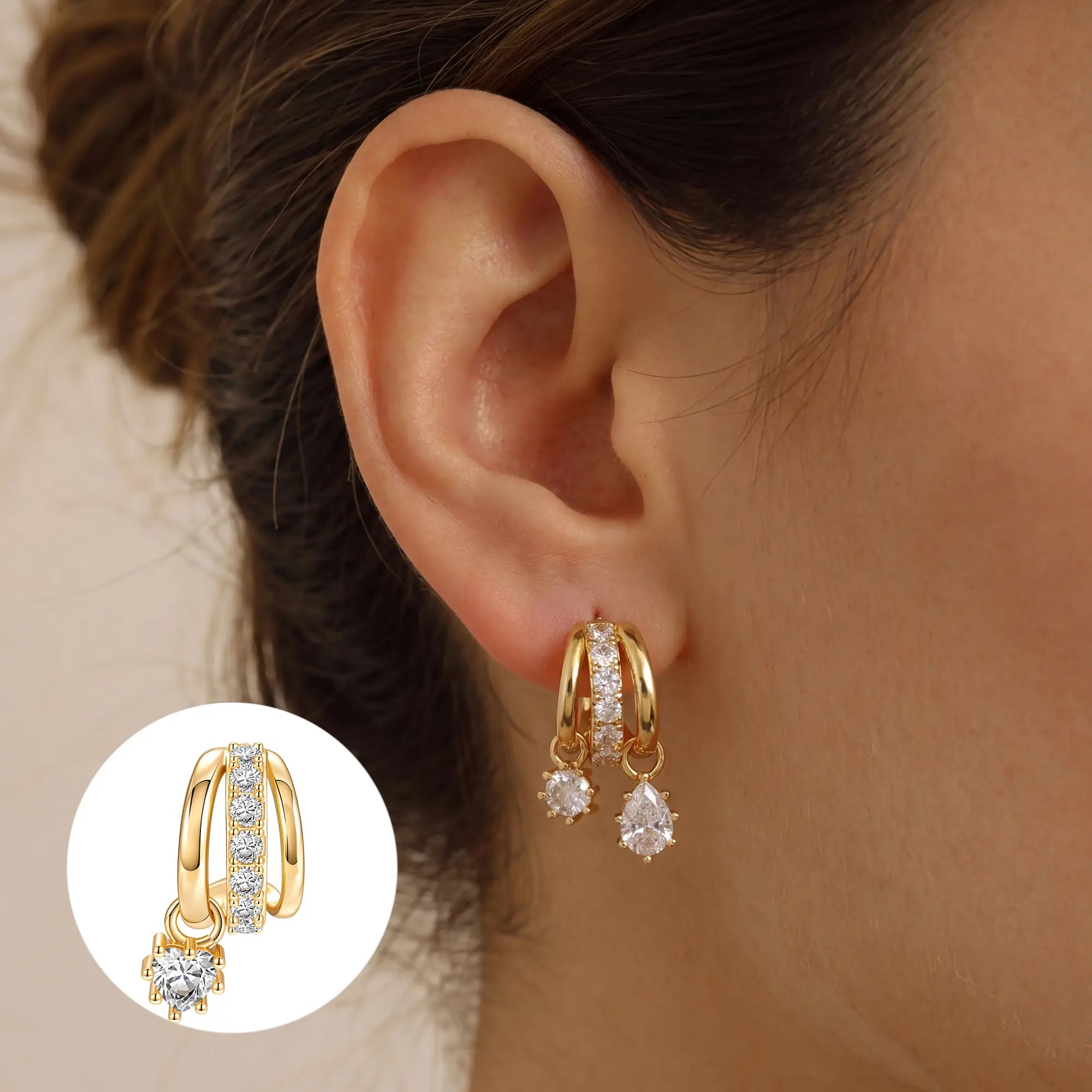 Gold Three-Tier Clip Earrings with Zircon