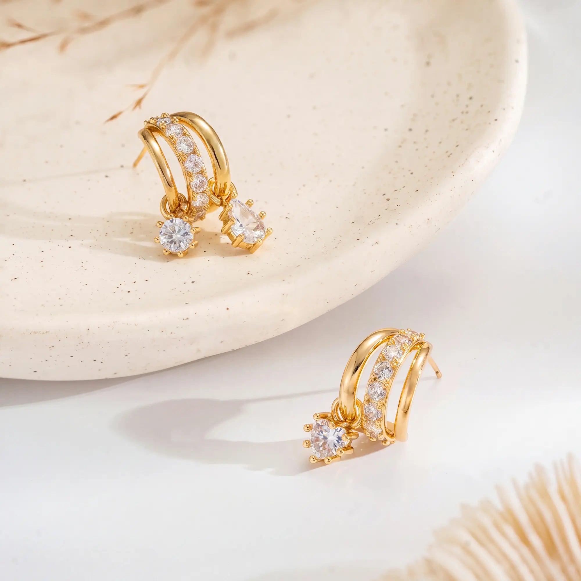 Gold Three-Tier Clip Earrings with Zircon