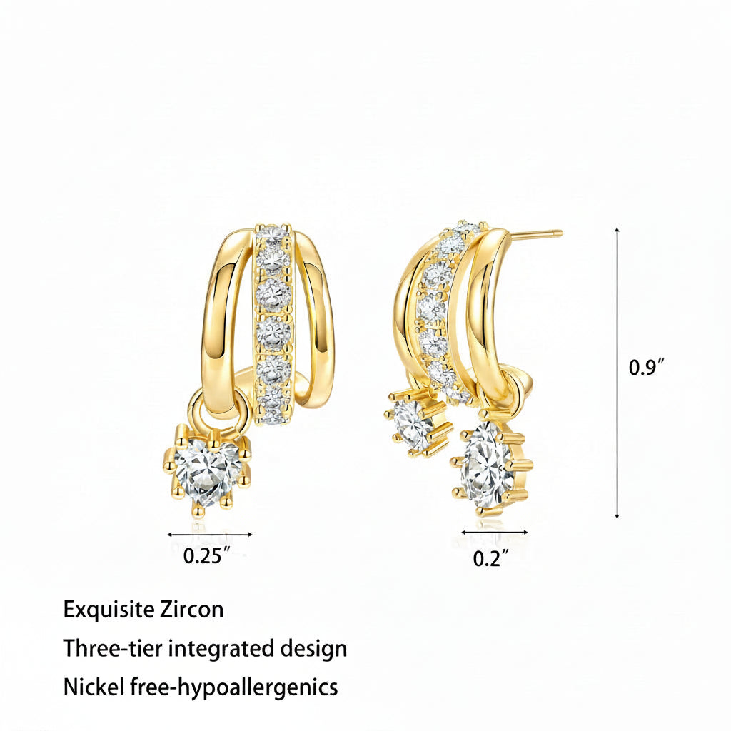 Gold Three-Tier Clip Earrings with Zircon